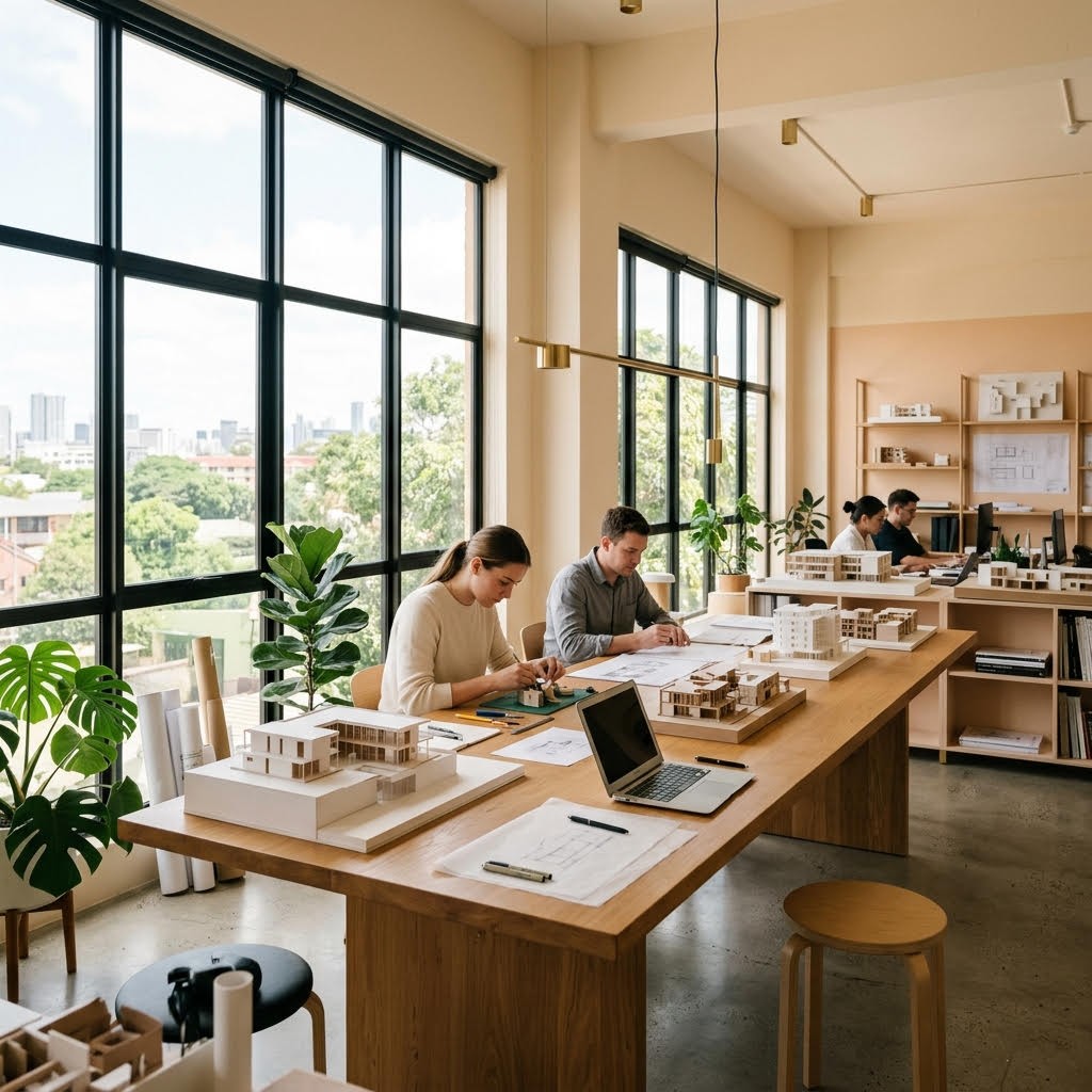 Architecture studio interior with natural light, models and drawings on a communal table