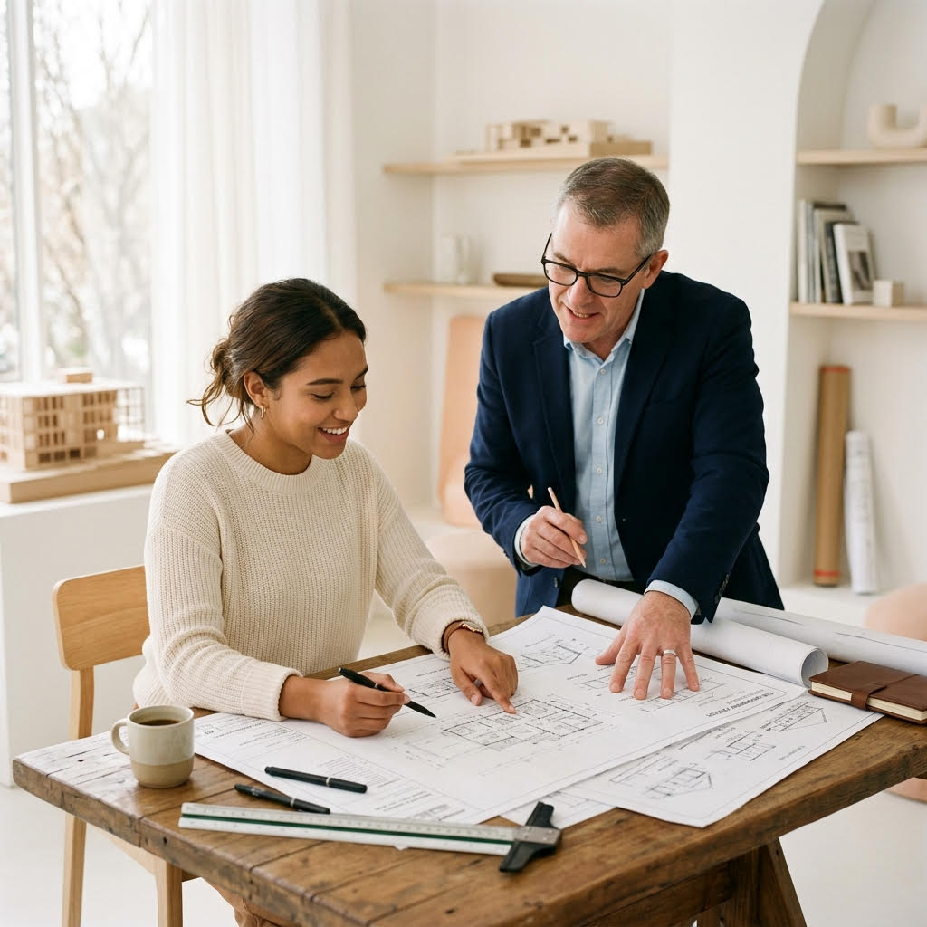 Graduate and mentor reviewing architectural plans at a drafting table