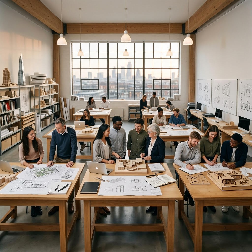 Graduates and mentors collaborating at drafting tables in a bright architecture studio